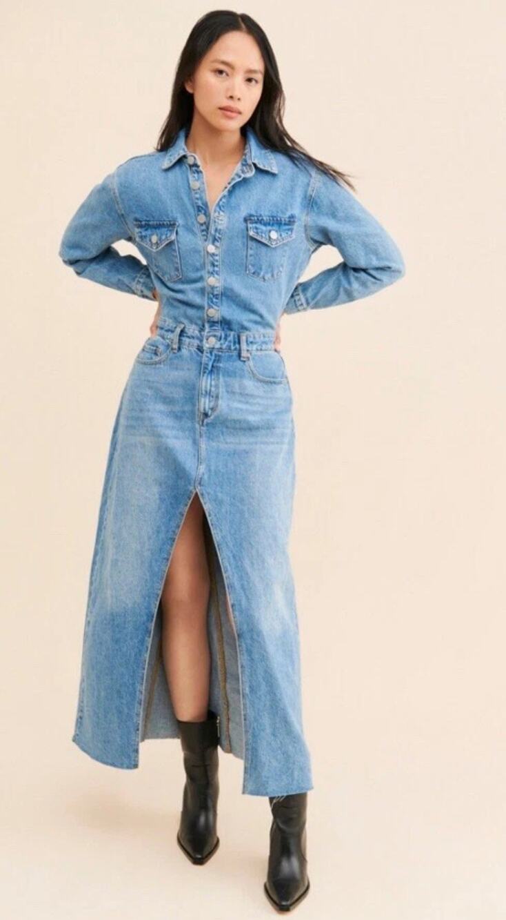 ZGY Denim Sweeper Maxi Dress Blue Denim Long Sleeve Button Front Women's L